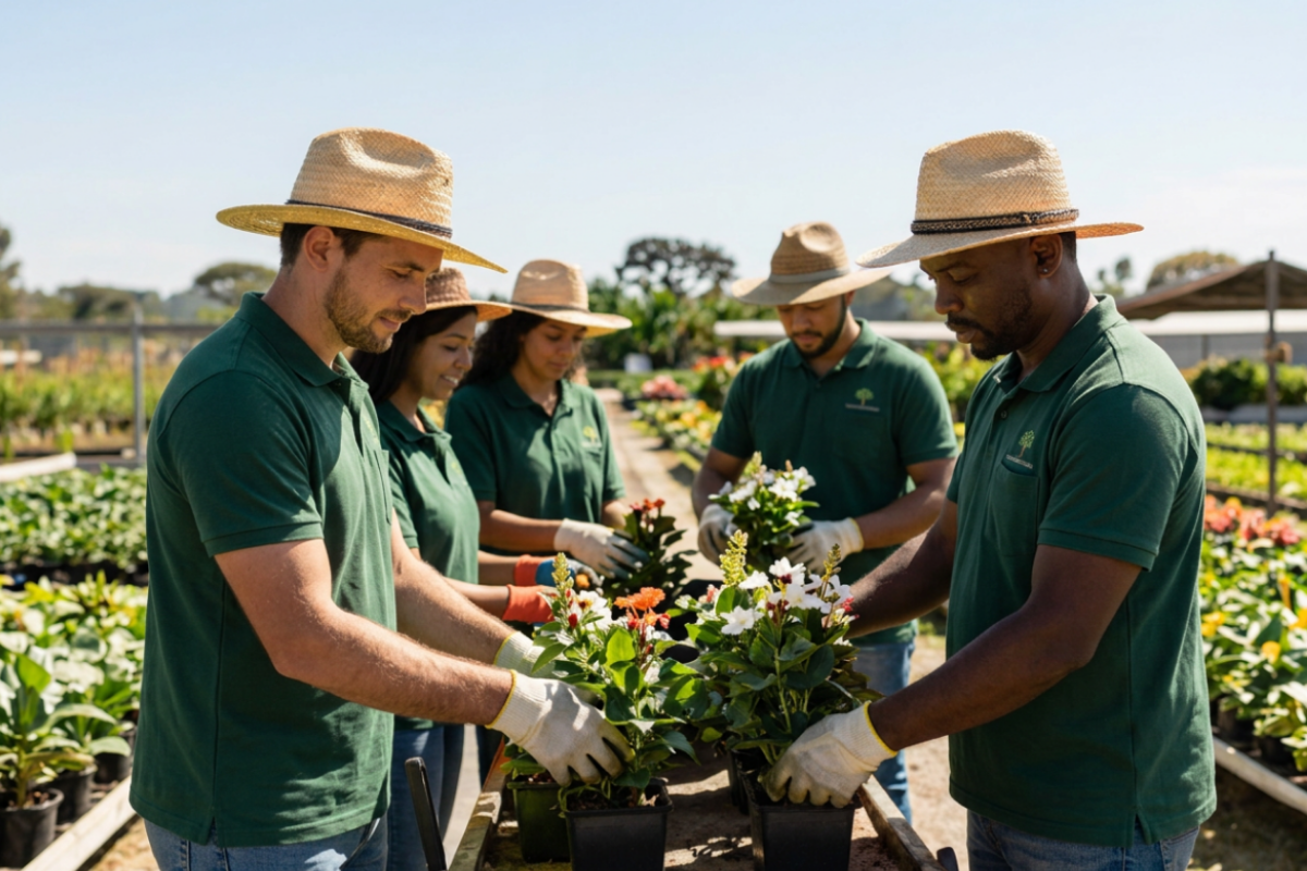 Seasonal nursery crew in sun hats potting flowering plants together in the field