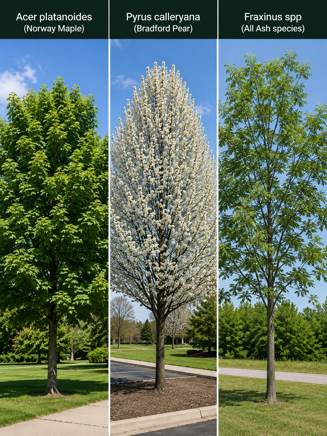 Informative graphic detailing the issues with Acer platanoides, Pyrus calleryana, and Fraxinus spp according to Chicago Tree Ordinance, including invasive roots and weak structure.