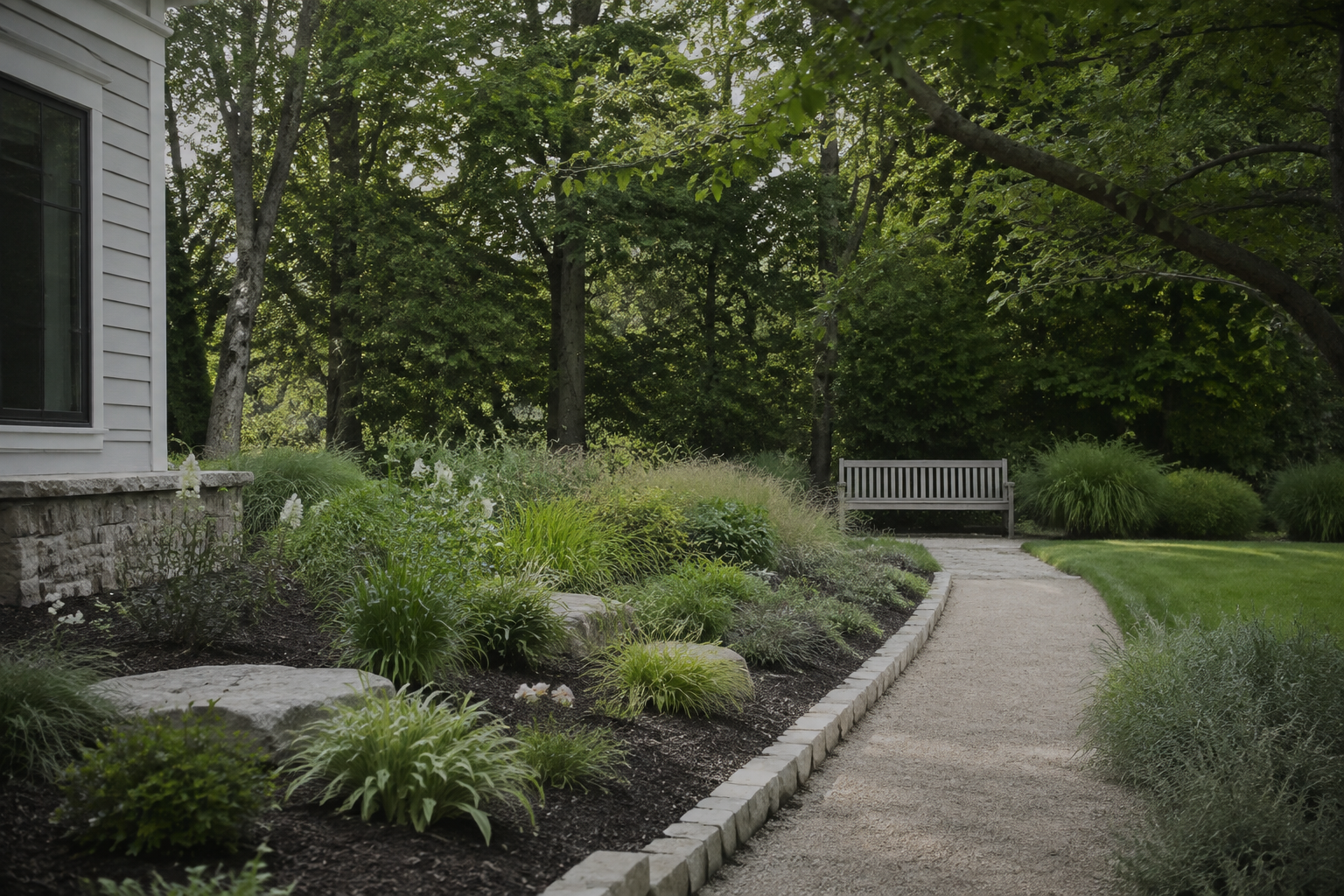 Polished modern native garden with stone edging, lawn and bird bath